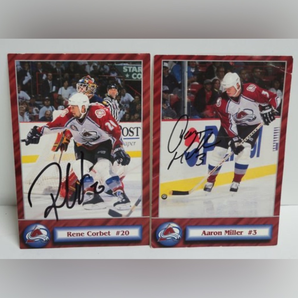 1995 Colorado Avalanche AUTOGRAPHED Postcards Rene Corbet #20 Aaron Miller #3